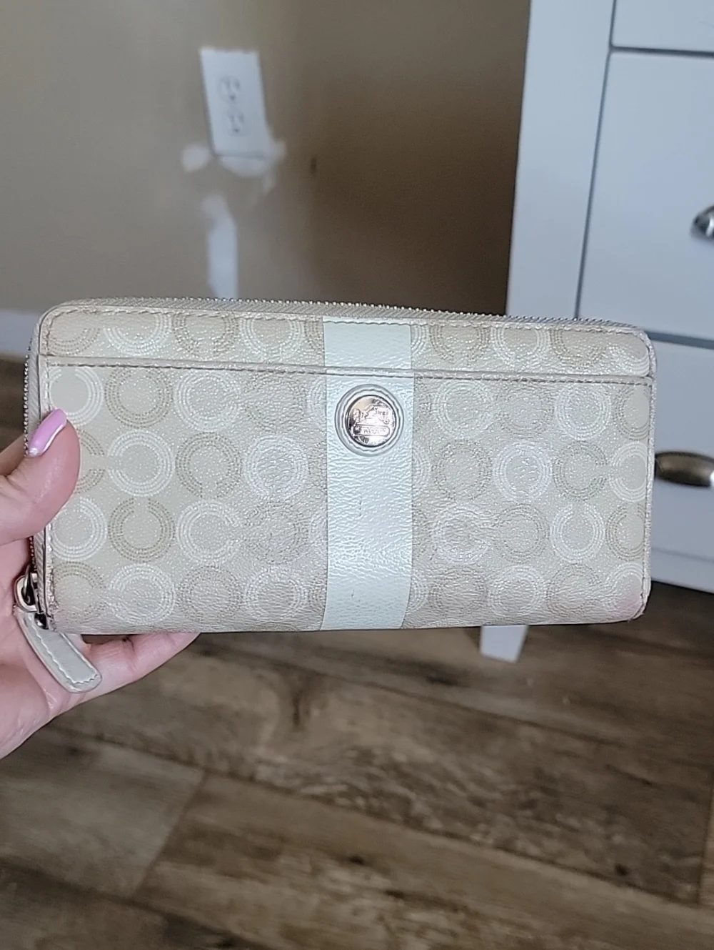 Coach Beige OP Art Signature Zip Wallet with Cream Center Stripe